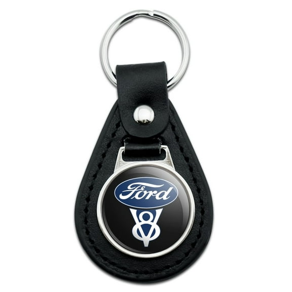Black Leather Ford Vintage V8 Logo Keychain