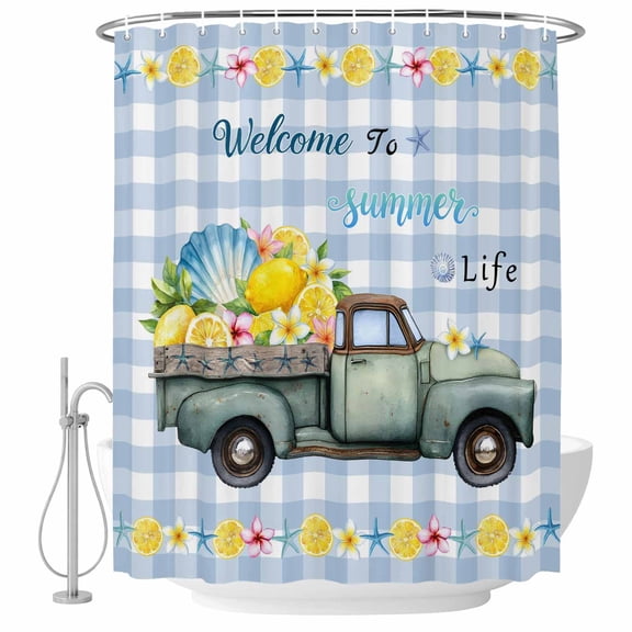 Shower Curtain Bathroom Set Farm Trucks Summer Life Quote Waterproof Fabric Shower Curtains with Grommets&Hooks, Watercolor Blue Plaid Privacy Bath Curtain for Bathtub 36x72in