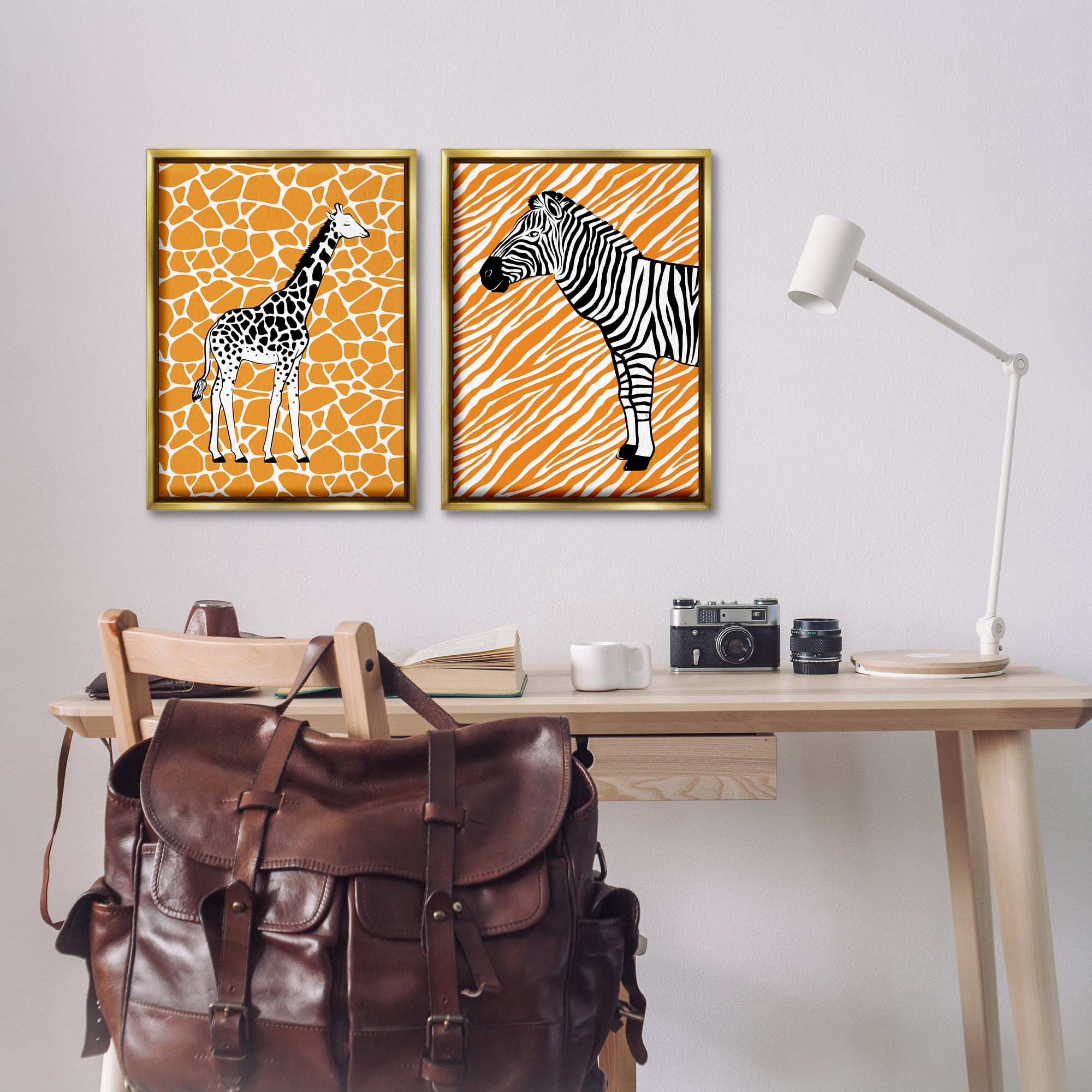 Stupell Industries Jungle Animals on Orange Animals Painting Gold Floater Framed Canvas Art Print Wall Art, 17 x 25, Set of 2