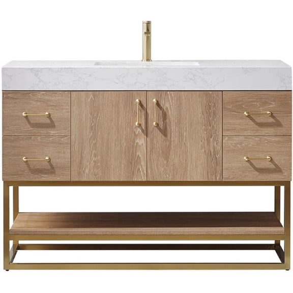 Pemberly Row 48" White Grain Faux Stone Top Single Vanity in Oak