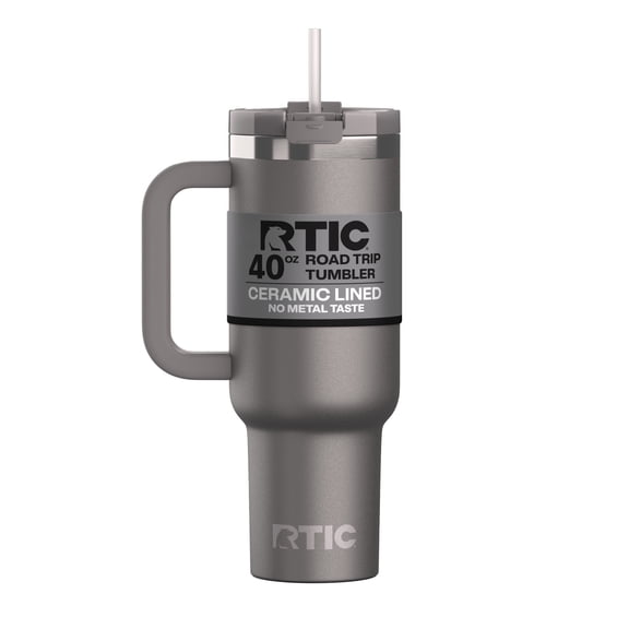 RTIC 40 oz Ceramic Lined Road Trip Tumbler with Handle and Leak-Resistant Straw Lid, Graphite