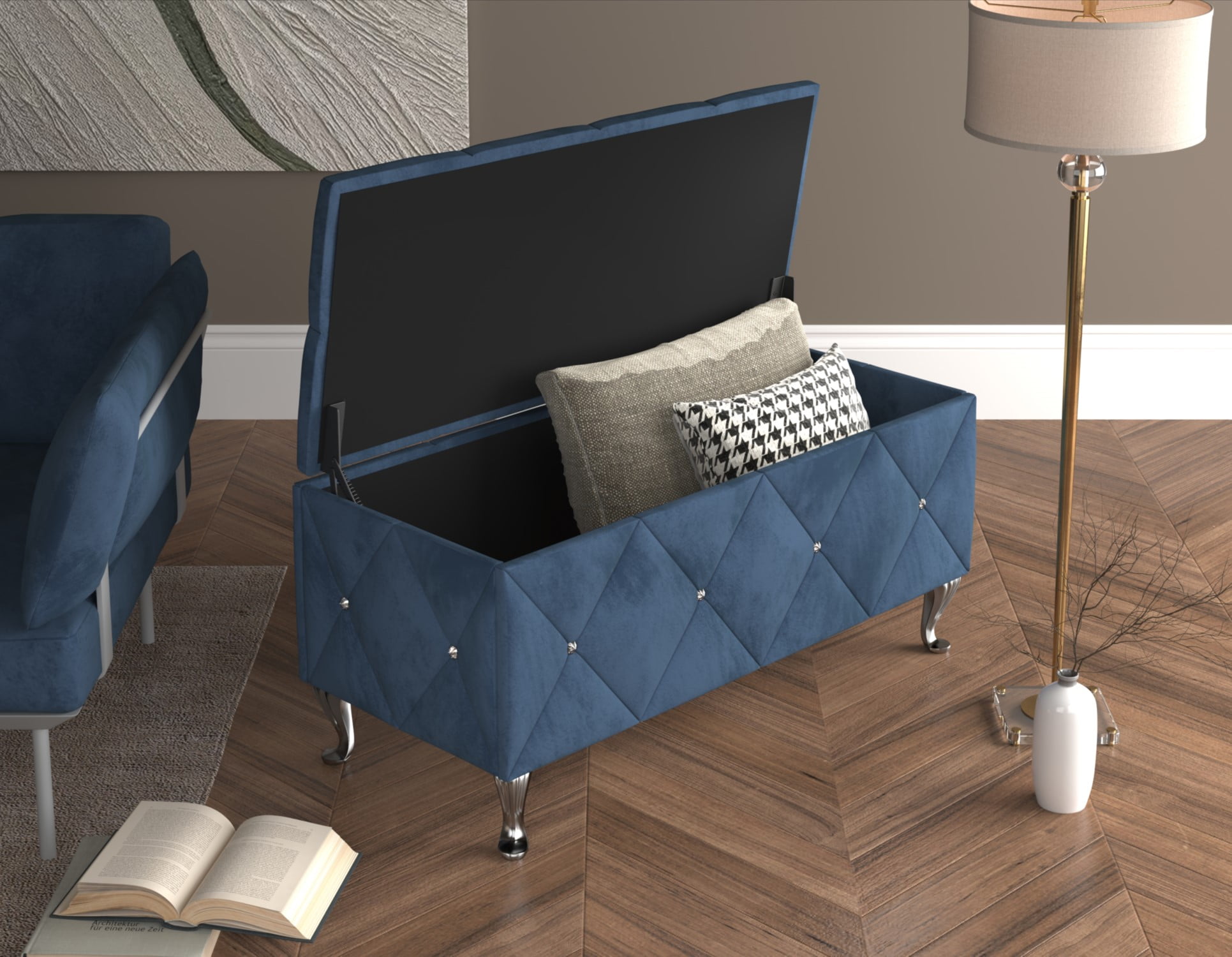 Home Design Bodhi Upholstered 42" Flip Top Storage Bench with Diamond Tufted Velvet Seat, Spacious Hidden Storage, and Multi-Purpose Rectangular Design for Bedroom or Living Room, Blue