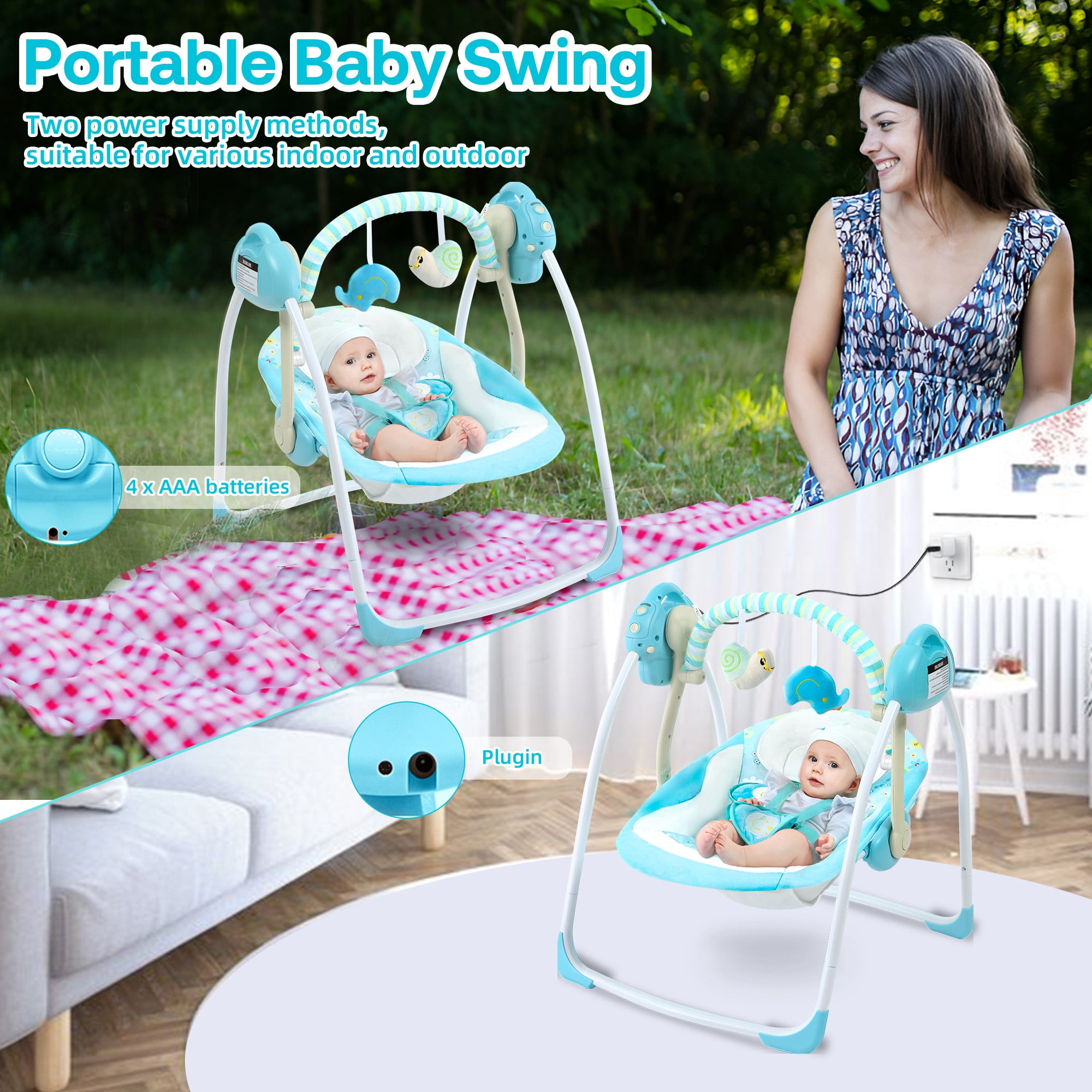 Yadala Baby Swing, Foldable Baby Swing for Infants with Adaptable Speeds, Music, 0-9 Months, Blue