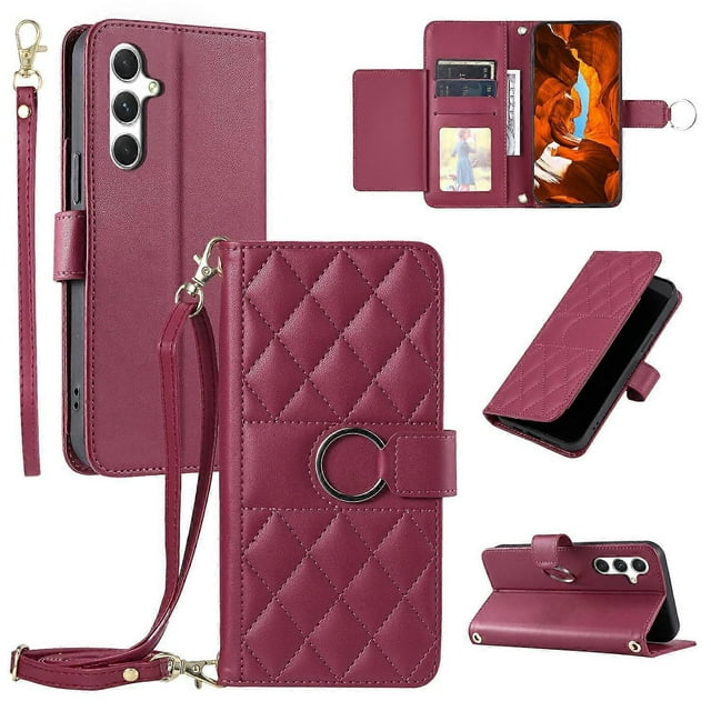 For Samsung Galaxy A54 5G Crossbody Leather Case Ring Buckle Wallet Stand Rhombus Mobile Cover - Gre