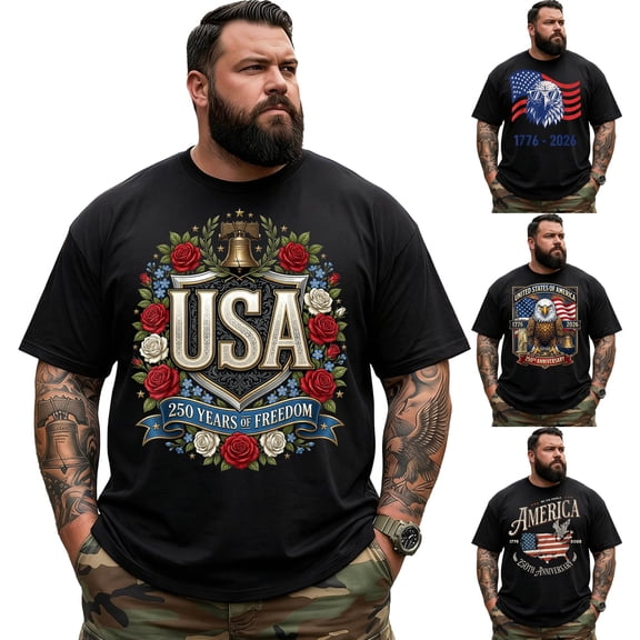 Big and Tall Shirt for Men America 250 Patriotic USA Flag 1776 2026 Graphic Cotton Tee 3XL T0 5KXL W54