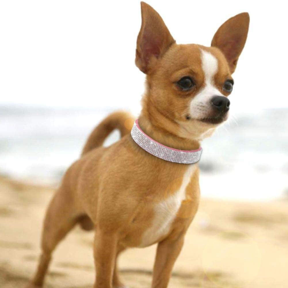 Rhinestone Dog Collar 8 Rows Iridescent Crystal Diamond Studded Suede Collar for Pet Dog S Pink