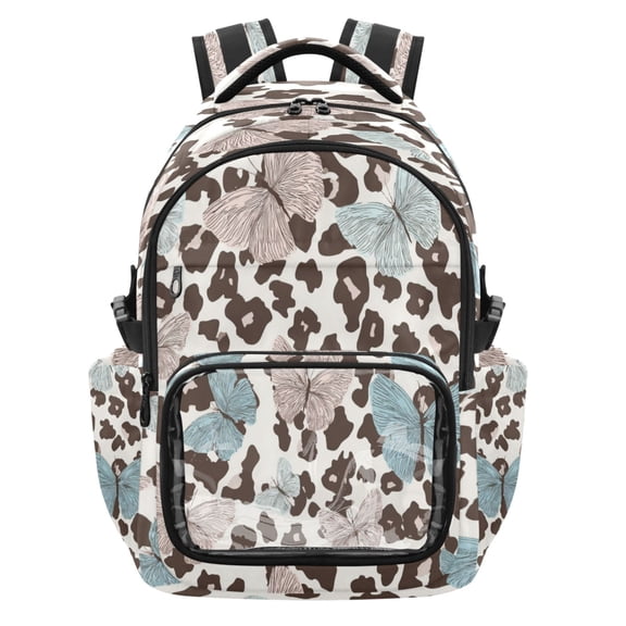 Qxltty Pastel Leopard Print Backpack School Bookbag with Clear PVC Front Pocket, Laptop Compartment, Water Resistant Travel Daypack for Students