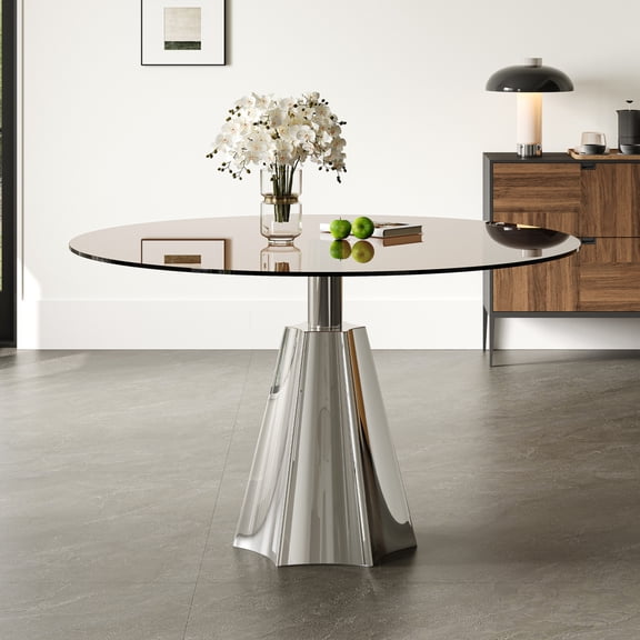 35" Mid-Century Modern Round Dining Table - Black Tempered Glass Top & Silver Flared Base for Small Kitchen & Apartment