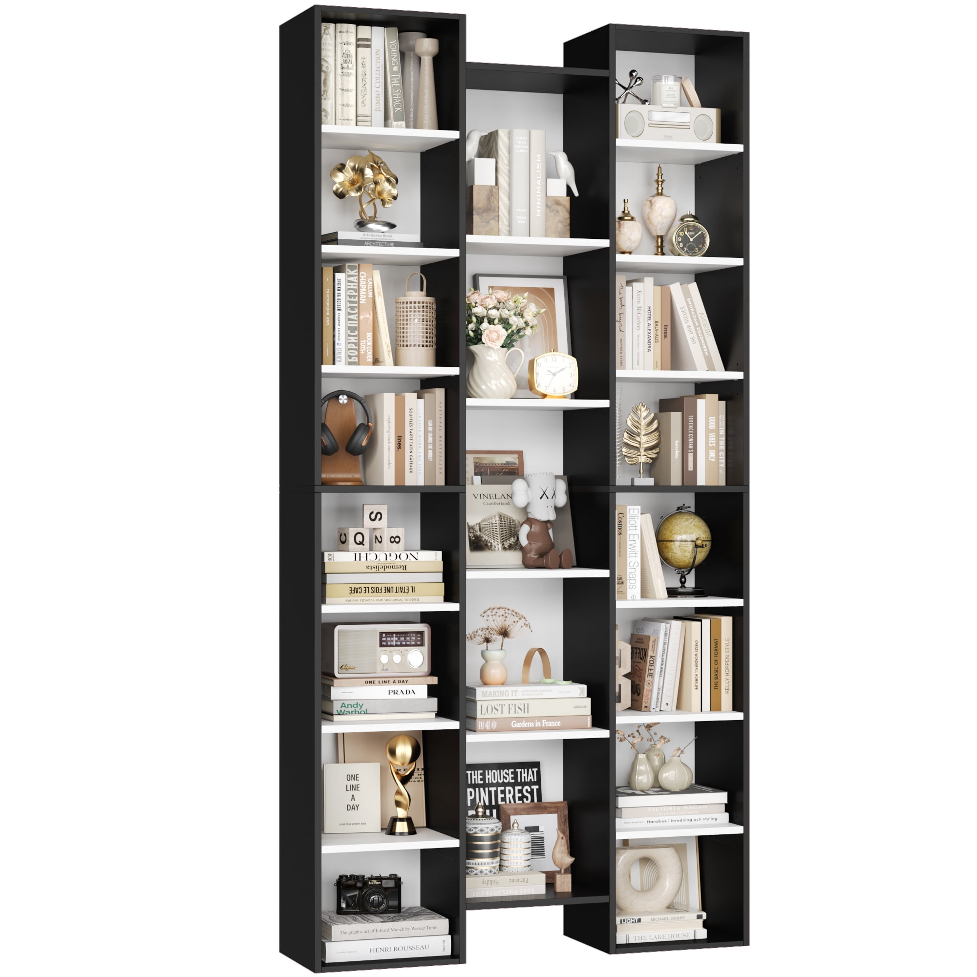Homfa 2 Pieces Bookshelves, 71’’ Tall Three Row Bookshelf with Adjustable Shelves, 21-Cubes CD Display Storage Organizer Shelf for Living Room Home Office, Black+White
