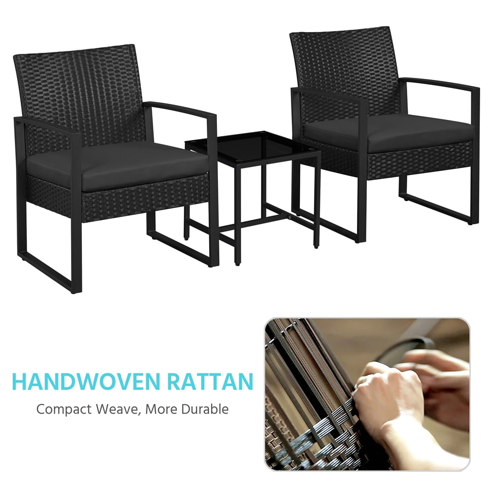 Yaheetech 3-piece Patio Set 2 Rattan Chairs & Table with Cushions, Black