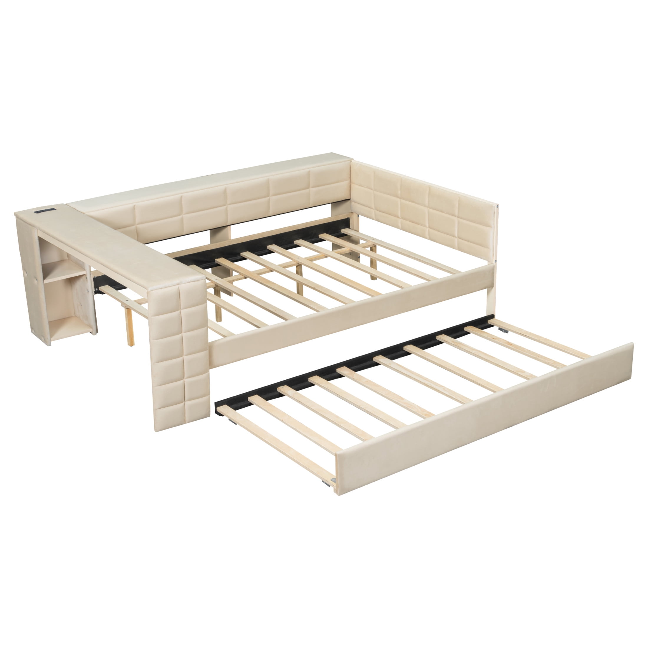 Noble House Sonoma Full Velvet Upholstered Bed with Trundle, Side Desk, Charging Station and Storage Shelves, Beige