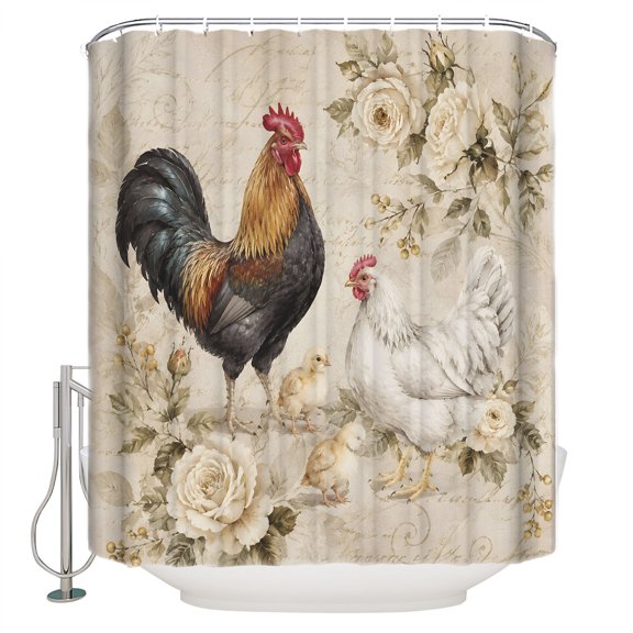 Farm Rooster Bathroom Shower Curtains with 12 Hooks Polyester Waterproof Shower Curtain for Stalls and Bathtubs Vintage Country White Rose Flowers Leaves Decorative Bathroom Curtain 36x72 Inches