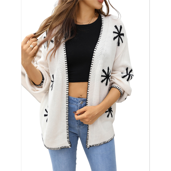 Women's Long Sleeve Snowflake Pront Cardigan Knit Sweater Open Front Coat Cream White S