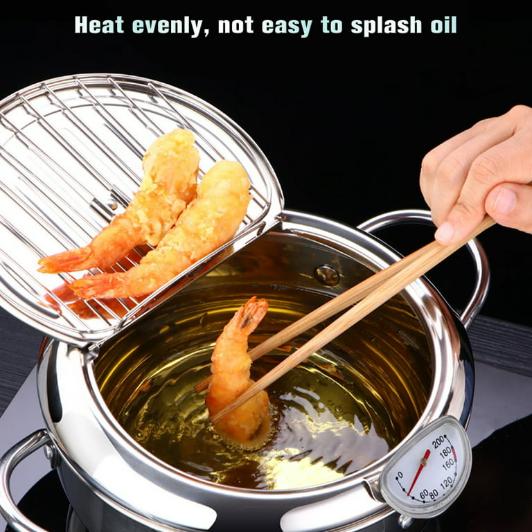 Deep Fryer Pot Stainless Steel Japanese Style Fryer with A Thermometer and Oil Drip Drainer Rack for French Fries Shrimp Chicken Fish, Size: 20.5