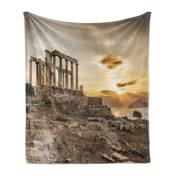 Pillar Soft Flannel Fleece Throw Blanket, Greek Building Poseidon at the Sunset Sea and the Cloudy Sky Digital Image Print, Cozy Plush for Indoor and Outdoor Use, 70" x 90", Beige Taupe, by Ambesonne