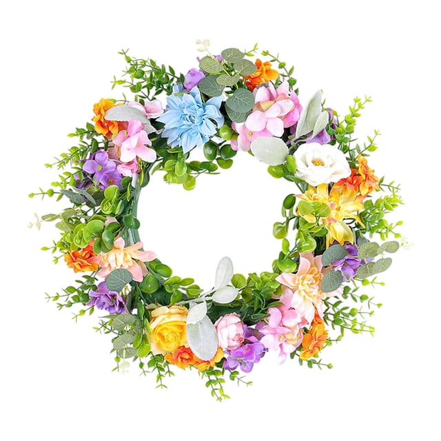 veasfak Spring Wreath Decorative Garland Round Green Leaves Artificial Flower Wreath