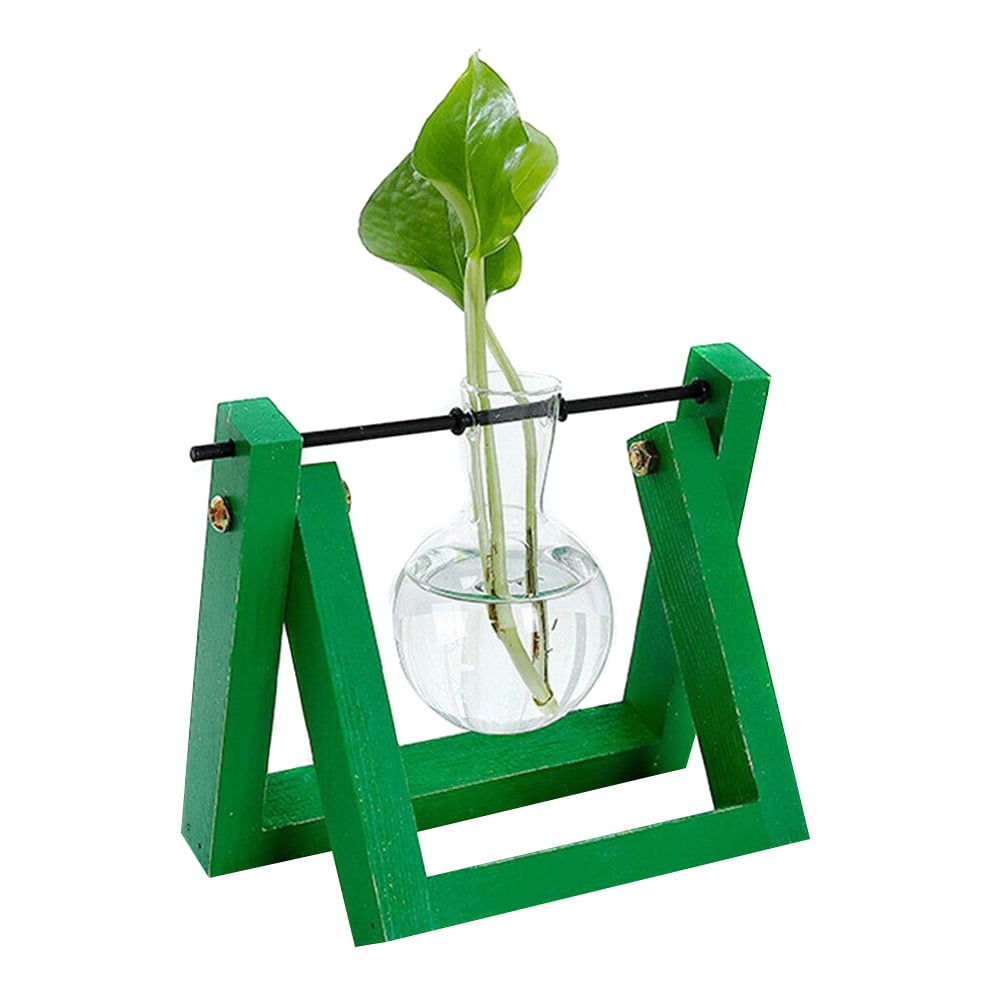 Hydroponic Glass Planter Bulb Vase with Wooden Stand Tray Tabletop Desk