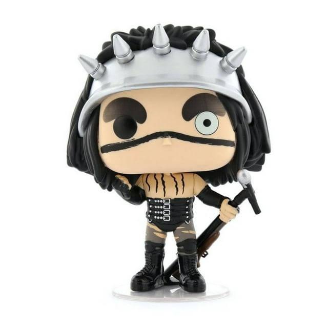 pop funko marilyn manson rock figura vinyl coleccionable, vista frontal centrada con casco plateado con púas, maquillaje teatral negro y ojo izquierdo pintado celeste, torso con líneas negras, arnés y cinturón con hebillas, pantalón camuflado y botas negras, sostiene micrófono sobre base plástica transparente.