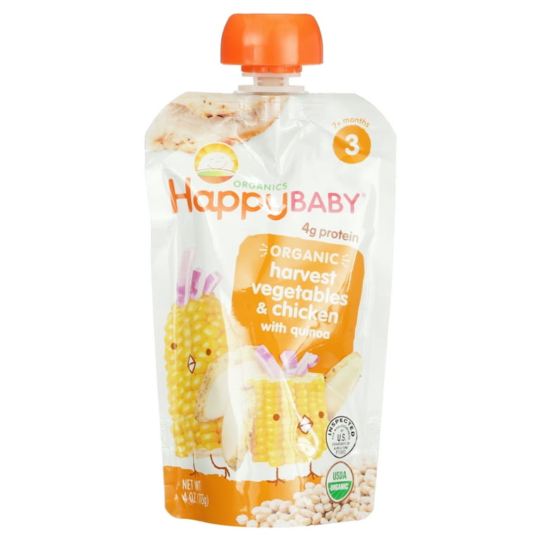 8 Pouches) Happy Baby Hearty Meals, Stage 3, Organic Baby Food, Vegetables  & Chicken with Quinoa - 4 oz 