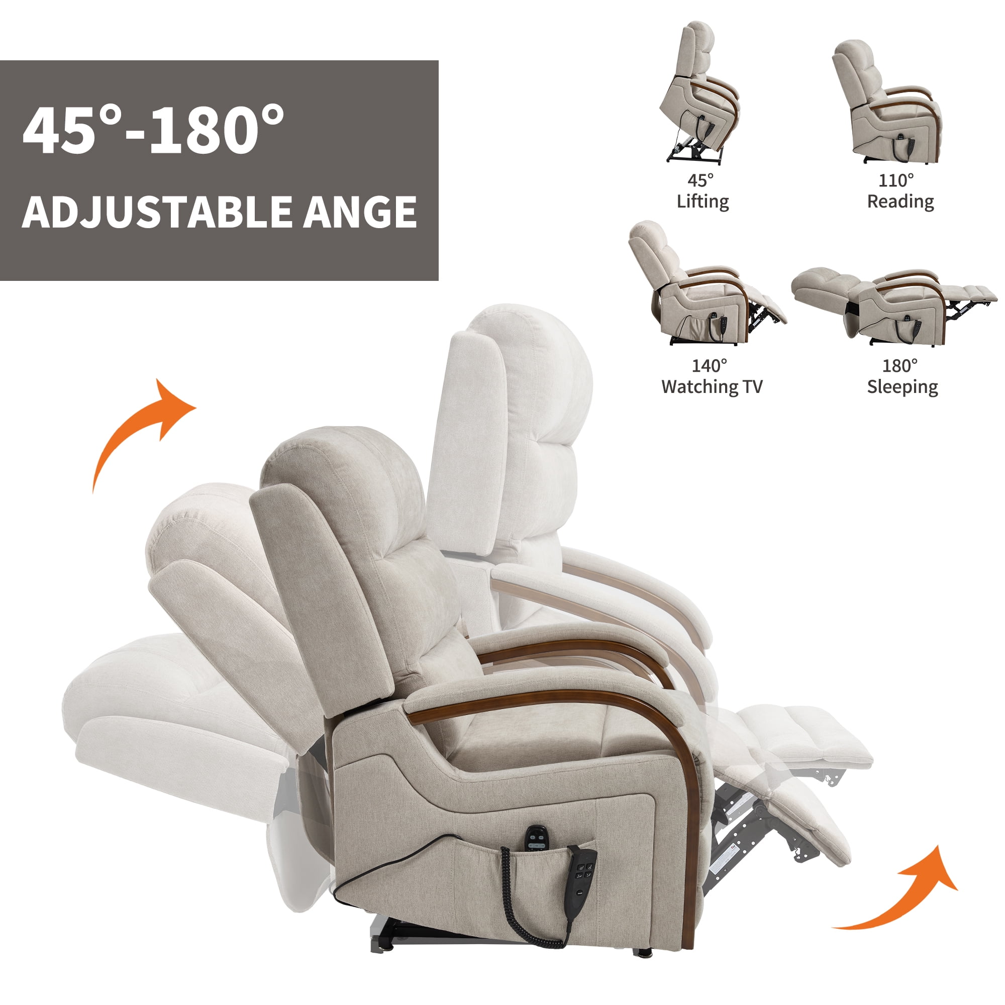 Gewnee Power Lift Recliner Chair with Heat and Massage,Lay Flat Assist Recliner with Side Pocket & Solid Wood Armrest,Lift Chair for Living Room.Beige Chenille