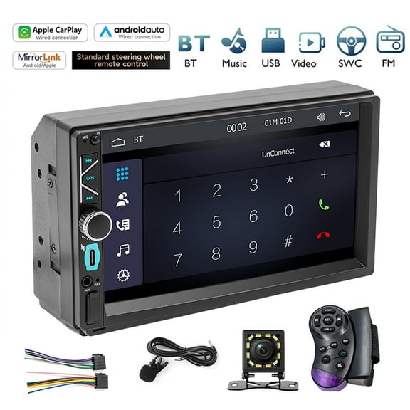 Woudy 7" MP5 Car Stereo, Double Din Touchscreen with Wired Apple CarPlay & Android Auto, Bluetooth 5.0, FM Radio, USB/Type-C/AUX, Rear View Camera & Steering Wheel Control
