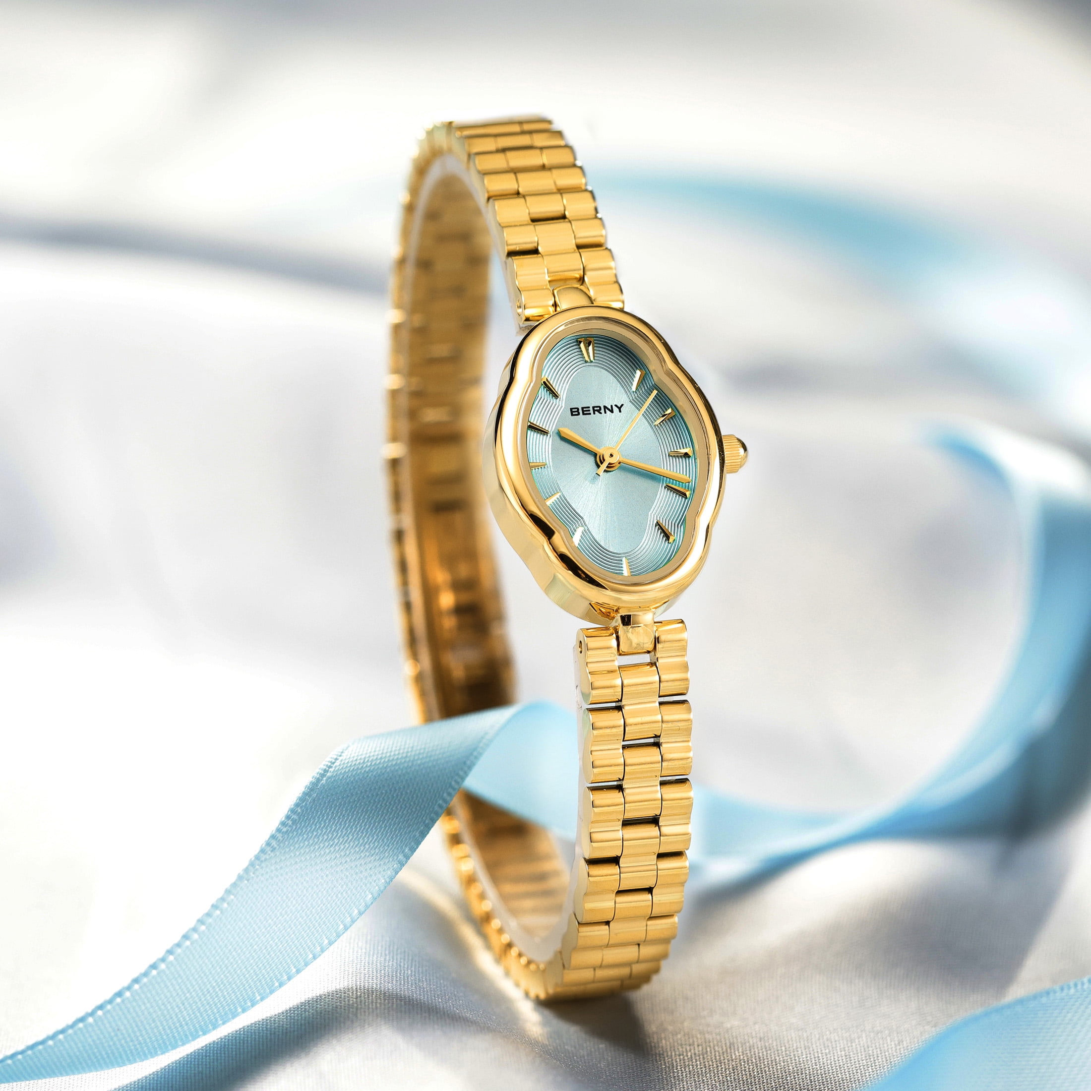 BERNY Small Gold Watches for Women Dainty Vintage Ladies Analog Quartz Bracelet Watch, Adjustment Tool Included Stainless Steel Waterproof, Fashion Luxury Womens Wrist Watches Gifts (Blue)