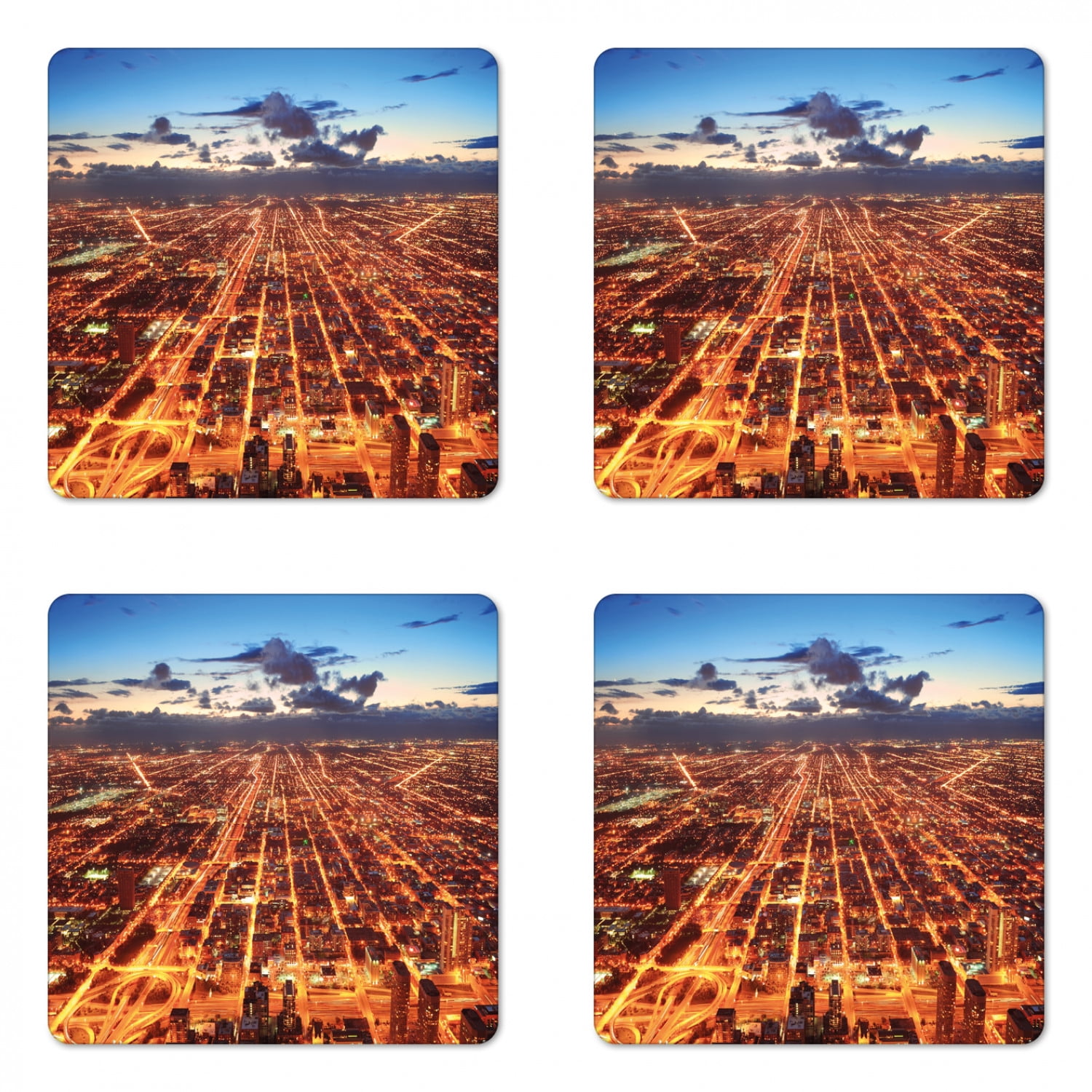 City Coaster Set of 4, Chicago Downtown Skyline Aerial Panorama View at Dusk with Skyscrapers