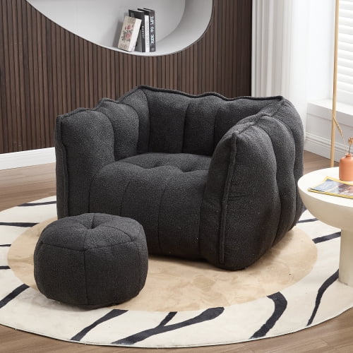 Chenille Bean Bag Chair with Footstool Square Lazy Sofa for Living Room Bedroom Gaming Black