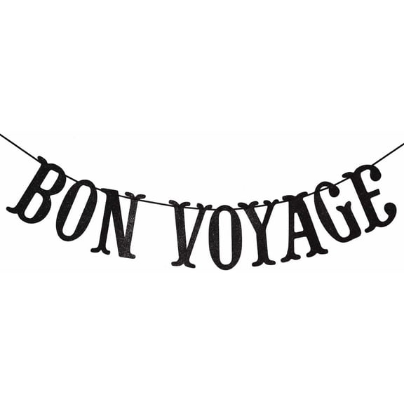 Bon Voyage Party Banner for Adventure Awaits Going Away Celebration Moving Away Retirement Party Decorations Sign Bunting (Black Glitter)