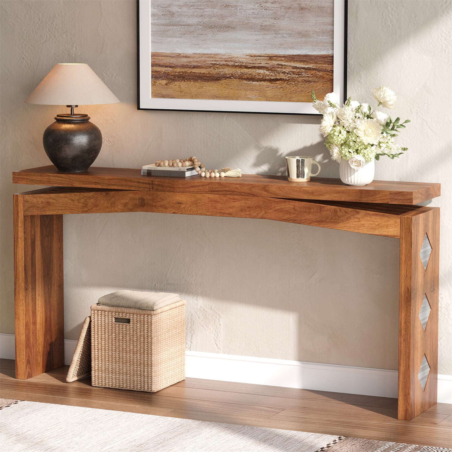 Hommoo Modern Wooden Console Table, 62in Long Slim Entryway Table with Geometric Inlay, for Hallway, Sofa Back, or Bedroom Accent, Brown
