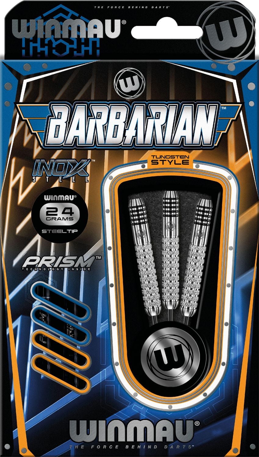 Fléchettes Winmau® Barbarian Inox en acier de style tungstène - Comprend trois fléchettes de style tungstène à pointe en acier, trois tiges Prism Force et trois Prism Alpha empennages