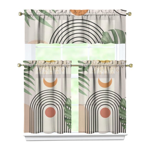 Kitchen Curtains 36 Inch Short - 3 Panel Set, Rod Pocket Window Curtain, Boho Floral Tribal Style, 100% Polyester for Farmhouse, Kitchen, Cafe, Bedroom, Easy Wash
