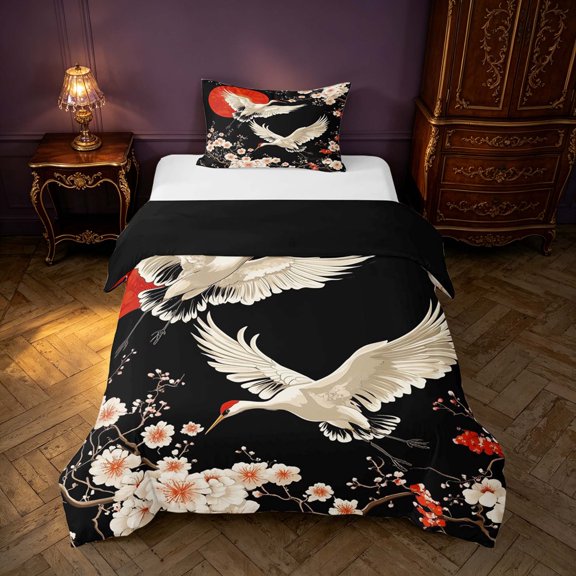 Homewish Chic Crane Twin Duvet Cover, Japanese Cherry Blossoms Twin Bedding, Black Beige Red, Black Reversible 2-Piece, 1 Duvet Cover and 1 Pillowcase