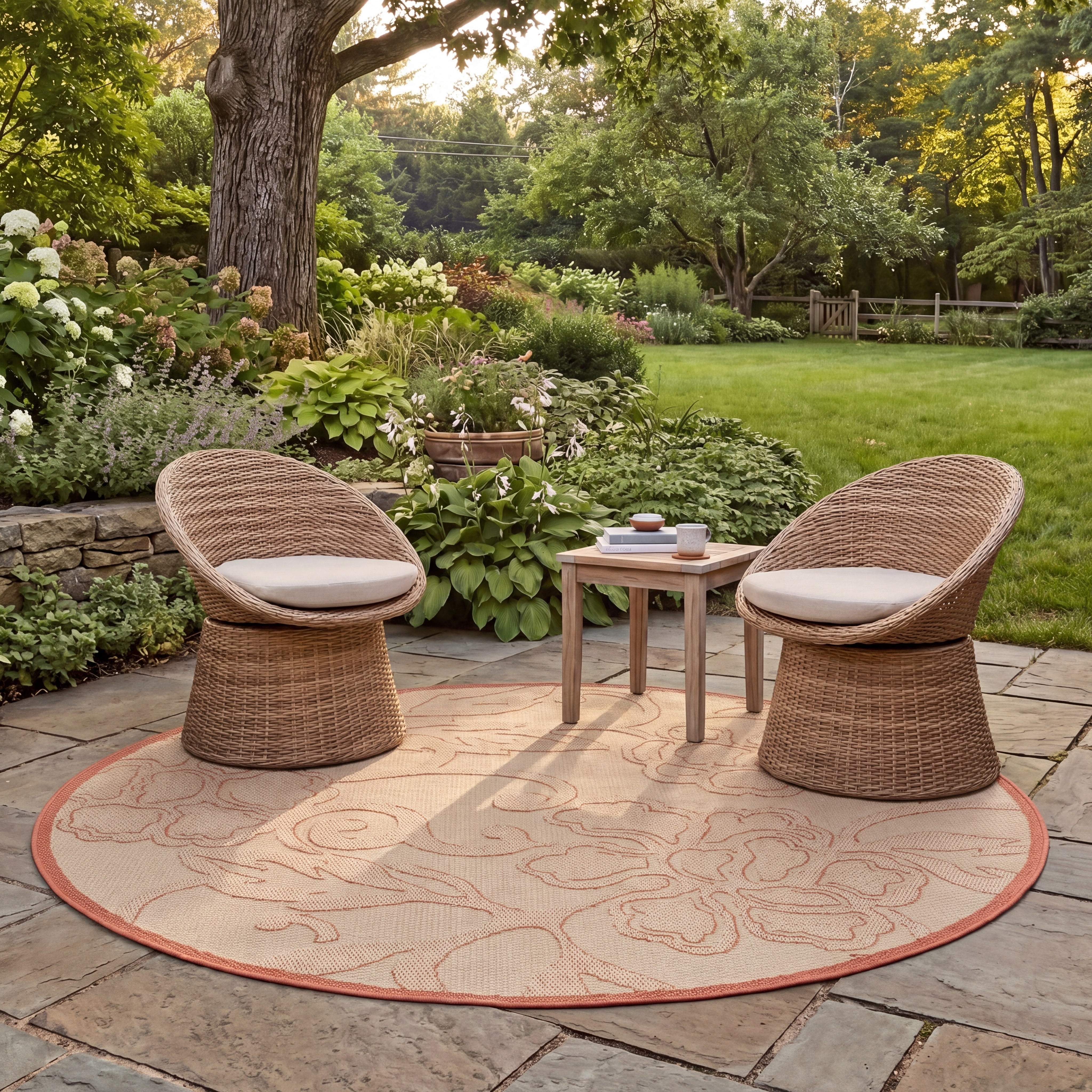 Safavieh Courtyard Helen Floral Indoor/Outdoor Area Rug, Natural/Terracotta, 6'7" x 6'7" Round