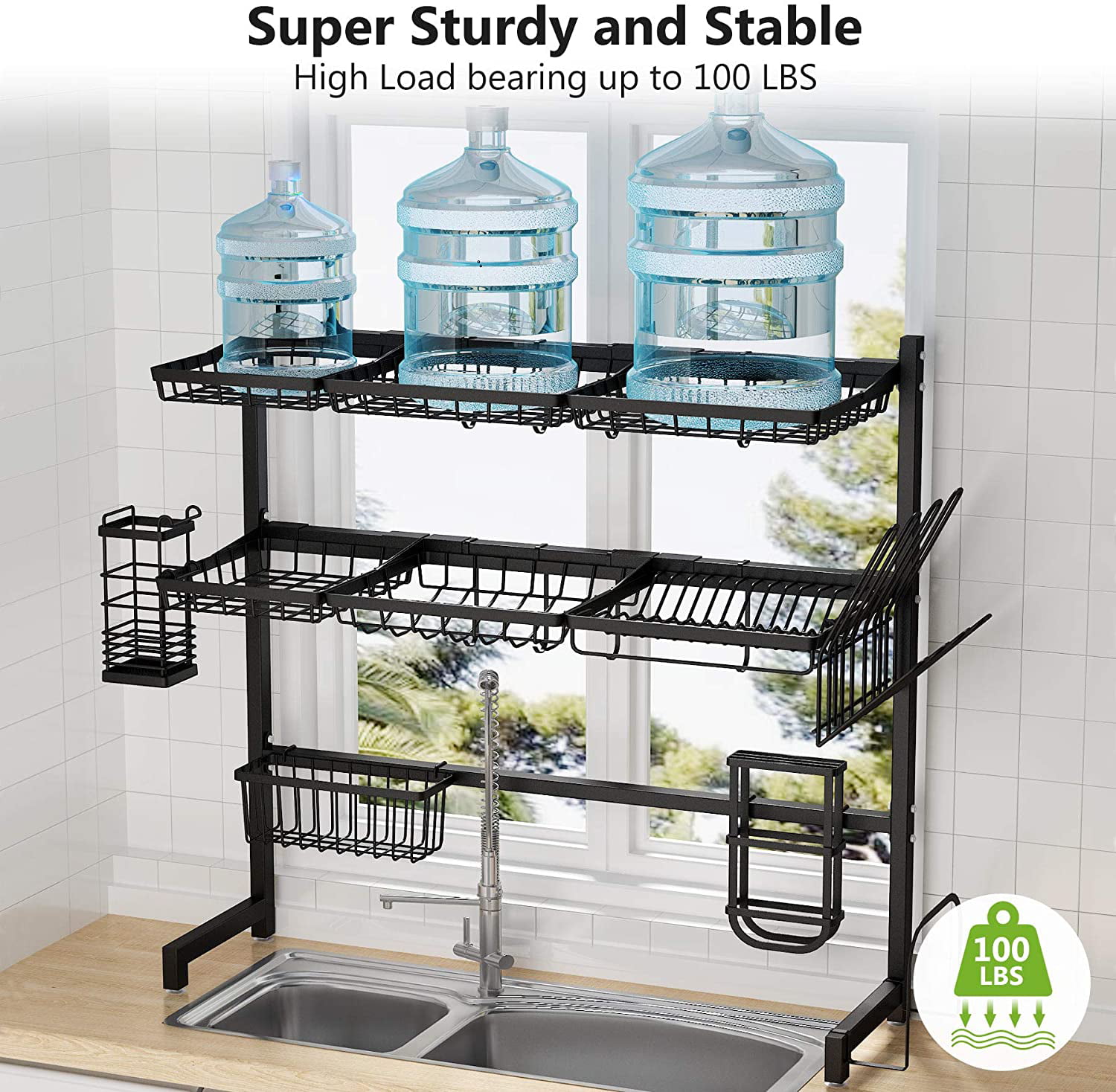 3 Tier Over The Sink Dish Drying Rack Stainless Steel, Length Expandable  (19.5''-33.8'') Height Adjustable, Large Kitchen Counter Dish Drainer Rack  with Utensil Holder Sink Caddy Black 