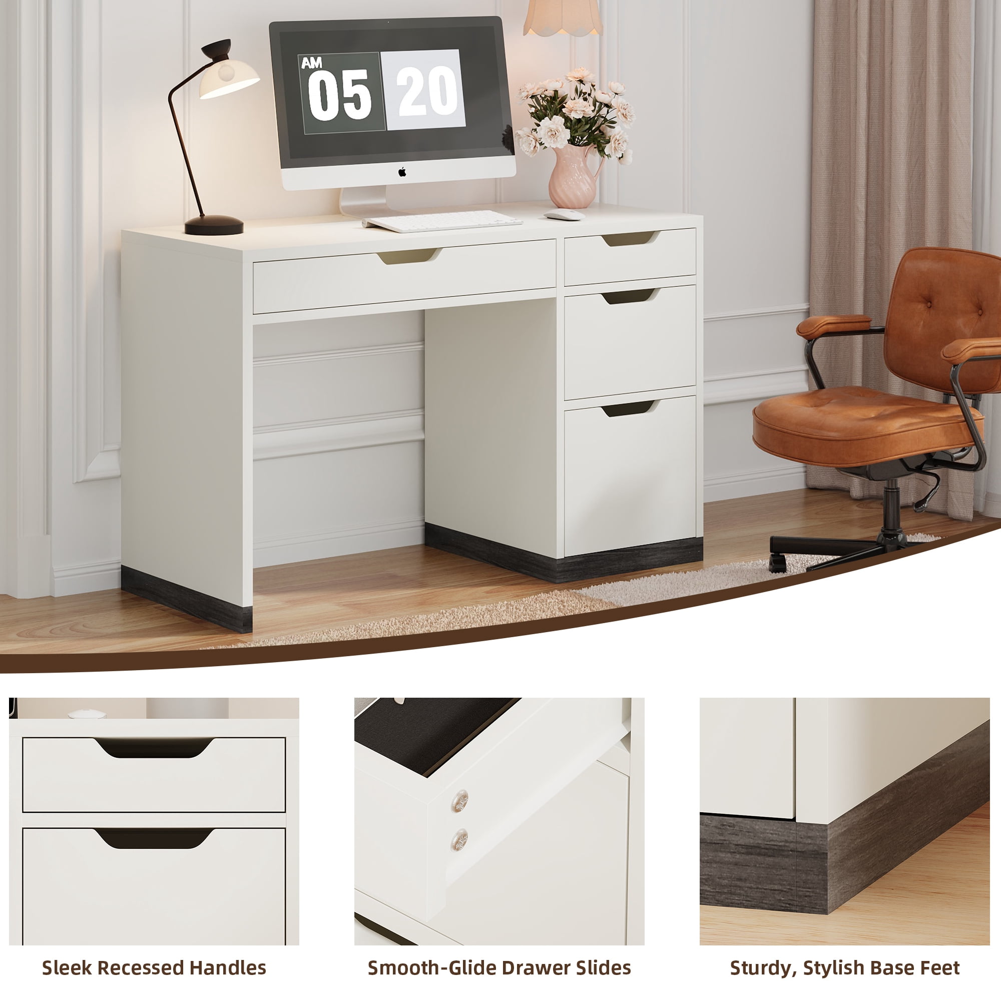 DreamCurship White Desk with Drawers, Modern Computer Desk with File Drawers, Home Office Study Writing Desk with Storage, White