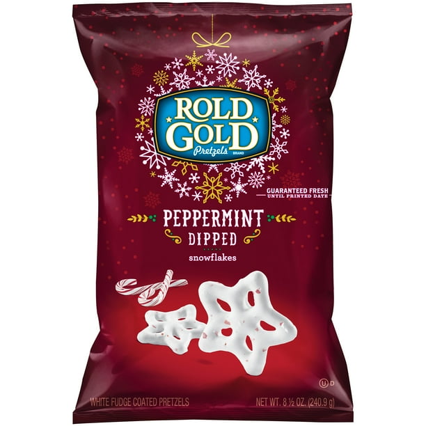 Rold Gold Dipped Peppermint Snowflakes White Chocolate Coated Pretzels