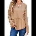 thumbnail image 1 of Camisetas Henley de Larga con Cuello en V para Mujer, Túnicas de Punto Informales, Conjuntos de Otoño con Abertura para el Pulgar. Caqui XXL, 1 of 8