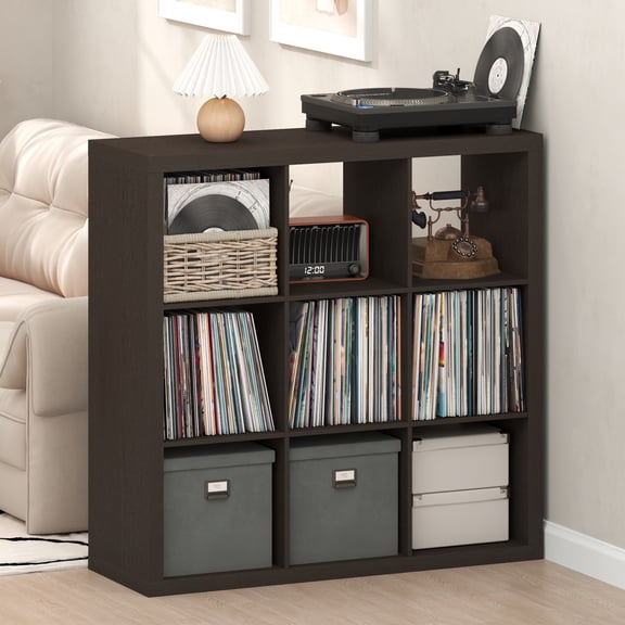 Furinno CUBICLE Extra Thick Frame Record Media Storage Organizer 9-Cube Dark Oak