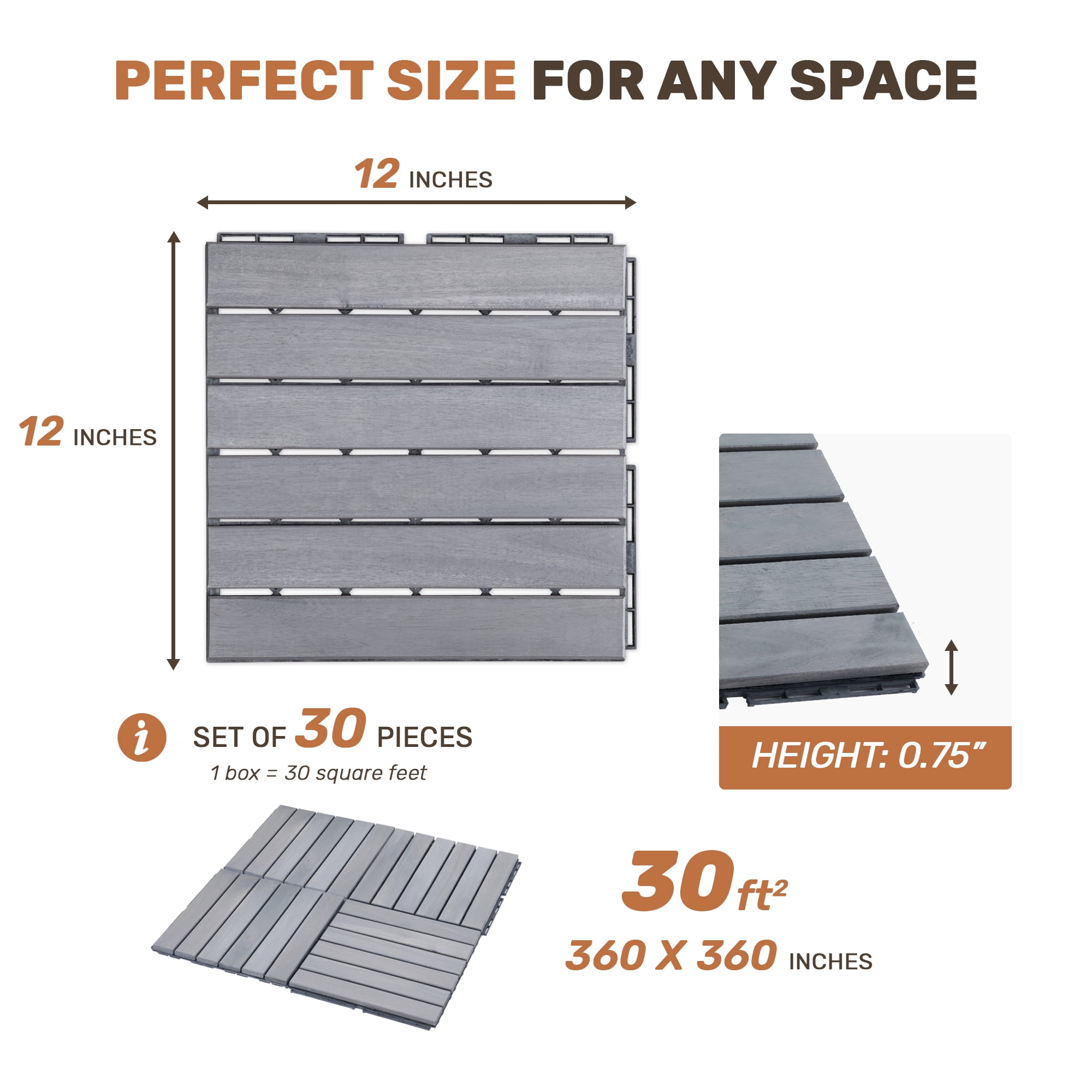 30-Pack Interlocking Deck Tiles,12" x 12" Striped Pattern Square Patio Tiles for Indoor Outdoor Use,Patio Floor Decking Tiles for Garden Lawn Porch Poolside Balcony,Light Gray