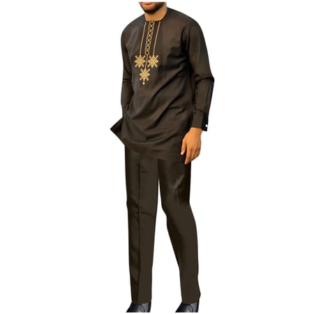 Men Ethnic Style Pocket Snap Button Elastic Waist Solid Color Middle Robe Tops Trousers Suit