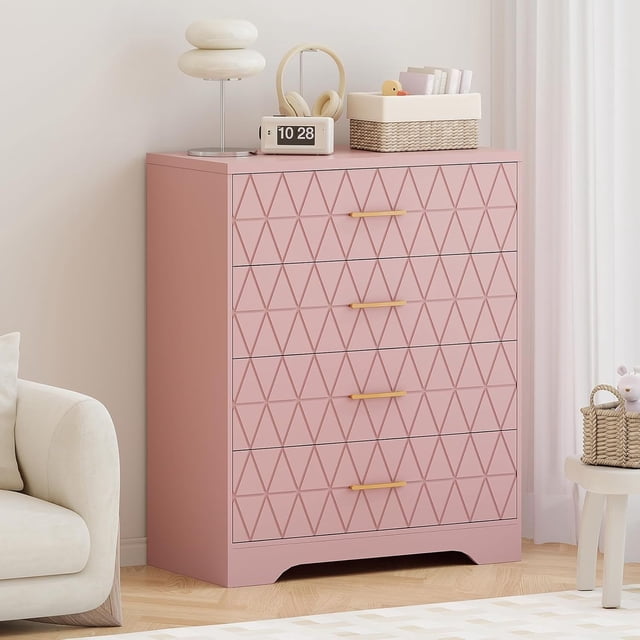Ourlova Commode en Bois à 4 Tiroirs pour Chambre, Commode en Bois avec Poignées Dorées pour Garde-Robe, Grande Commode Moderne, Table de Nuit, Armoire Organisatrice de Rangement en Bois pour Salon et Couloir - Rose