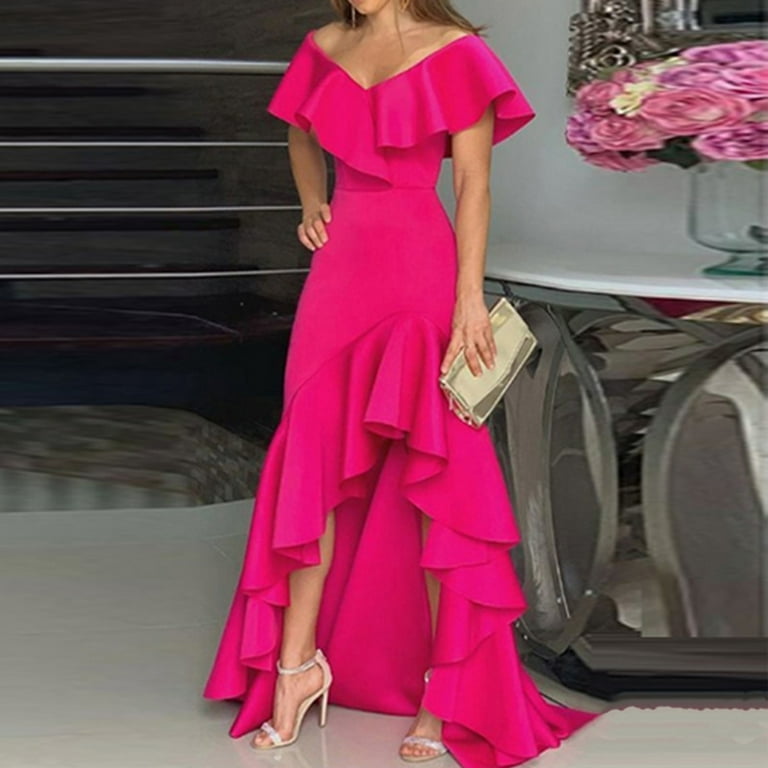 Fusipu High-Waist Waist Tight Irregular High-Low Hem Women Dress Elegant  Off Shoulder Ruffle Collar Maxi Dress Female Clothing - Walmart.com