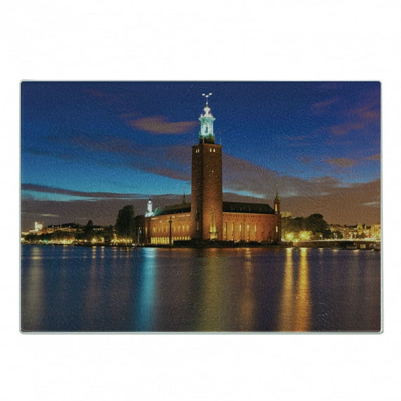 European Cutting Board, Stockholm Scenic Night at City Hall Old Town Enchanted Town Sweden View, Decorative Tempered Glass Cutting and Serving Board, Small Size, Blue Cinnamon Mauve, by Ambesonne