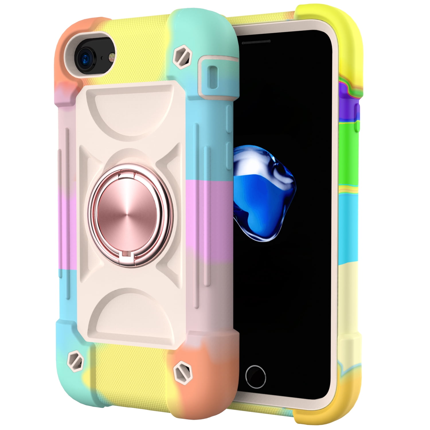 for iPhone 6 / 6S Case with Ring Stand, Heavy Duty Military Grade Rugged Shockproof Silicone Rubber Magnetic Kickstand Holder Case for Women Girls For iPhone 6 / 6S, Rainbow Pink