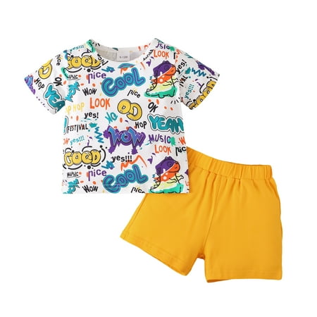 

KIMI BEAR Infant Boys Outfits 6 Months Infant Boy Spring Summer Outfits 12 Months Infant Boy Cute Polychrome Dino Printing T-Shirt + Shorts 2PCS Set Yellow