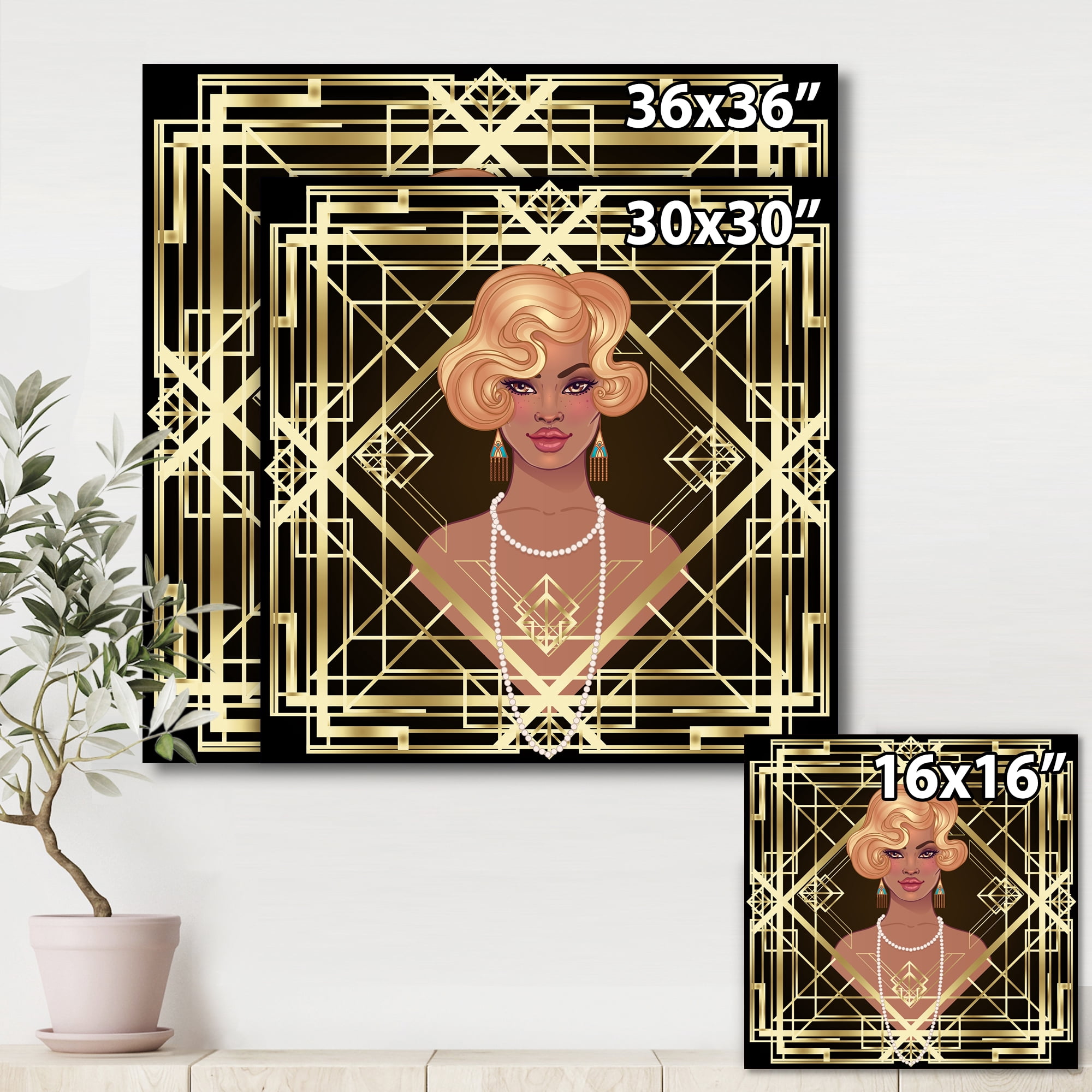 Designart ' Retro Girl In Golden Art Deco Geometrics III ' Modern Canvas Wall Art Print