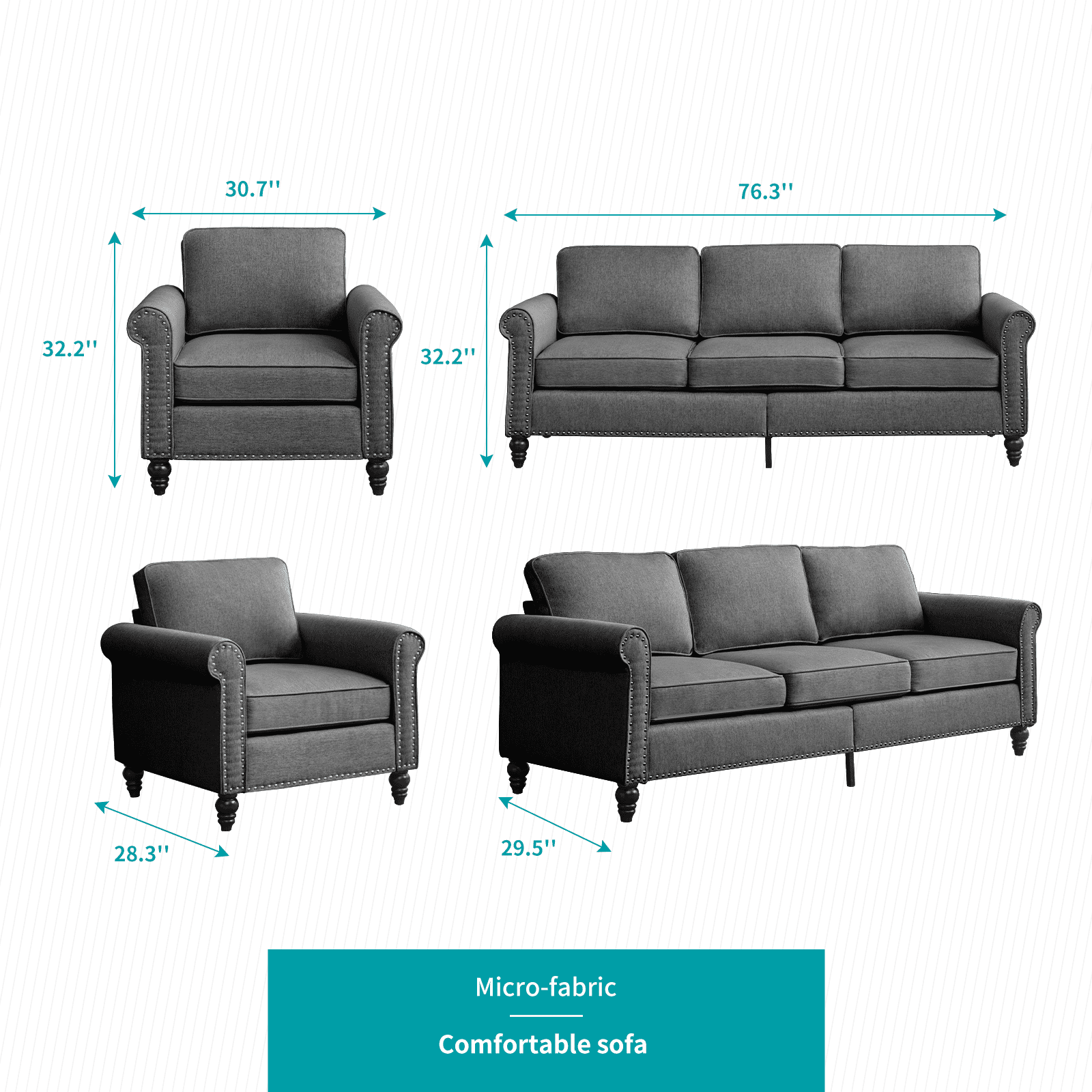 MUZZ Living Room Furniture Sets with 5.9"Upholstered Cushion, 3-Seater Sectional Sofa Couch and Single Sofa Chair, Sofa Set for Living Room(Dark Grey)