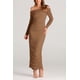 thumbnail image 4 of Vestido PRETTYGARDEN Maxi con Hombros Descubiertos, Manga Larga Fruncido L Marrón, 4 of 8