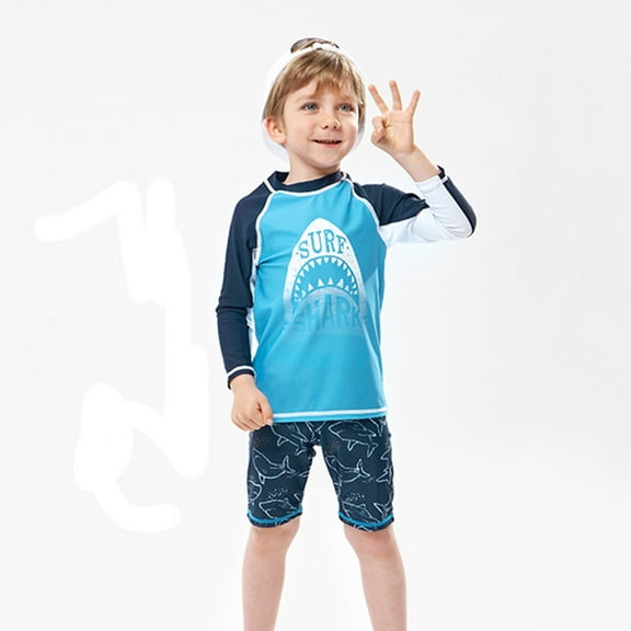 Boys' Shark Print Short Sleeved Swimsuit And Shorts 2 Piece Set Blue 6 Y-7 Y